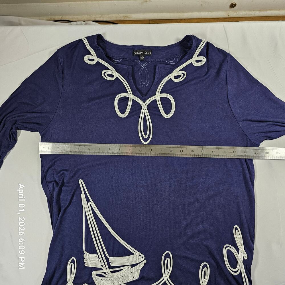 BaliBua Nautical Sailboat Tunic Top Women L Blue Embroidered Coastal Beach Boho - Picture 4 of 6
